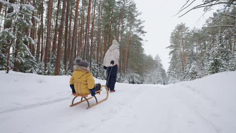 little-child-is-riding-sledge-in-snowy-forest-woman-is-pulling-sleigh-in-forest-in-winter